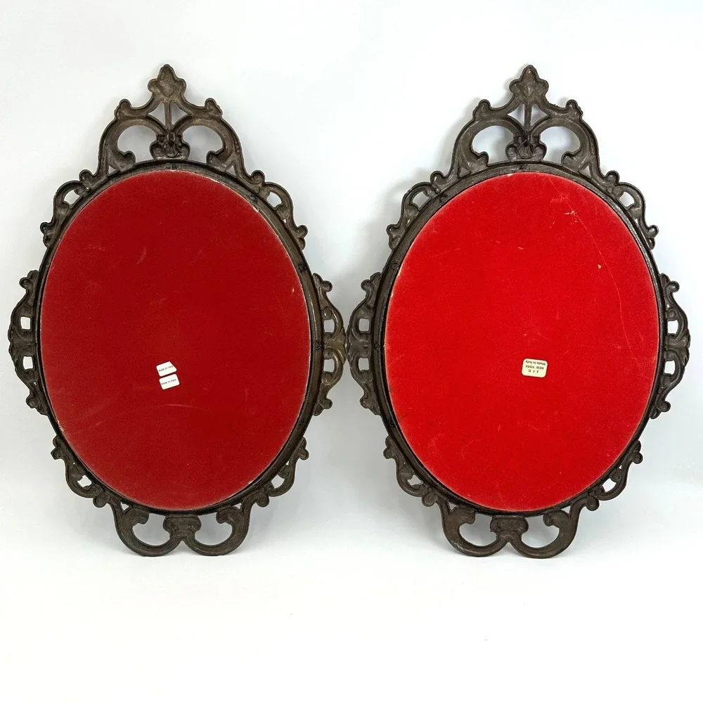 Vtg Italian Blue Boy & Pinkie Bubble Glass Ornate Metal Wall Plaques Pair 17.5